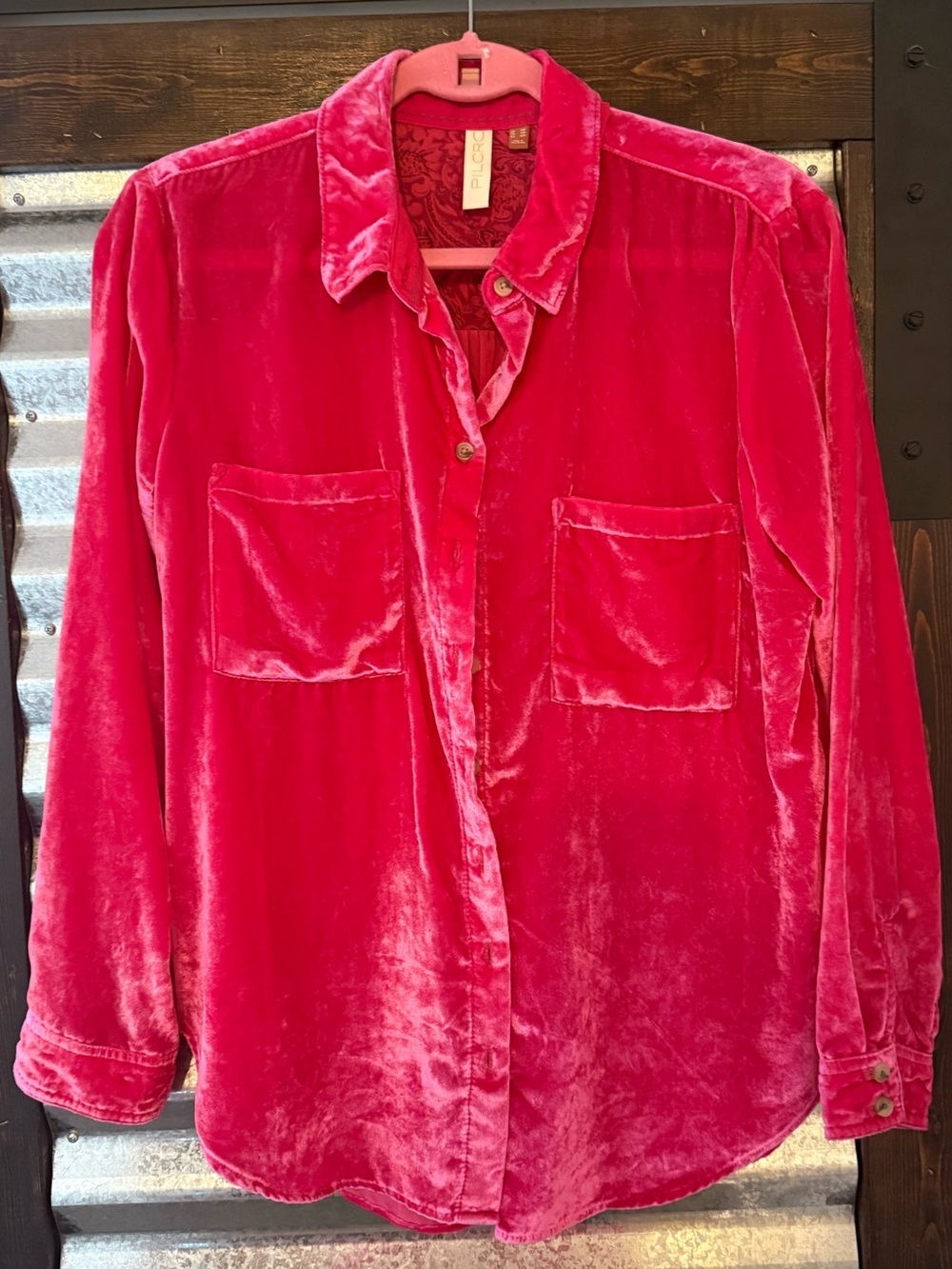 Pilcro Velvet Button-Up Shirt in Bright Pink 10P